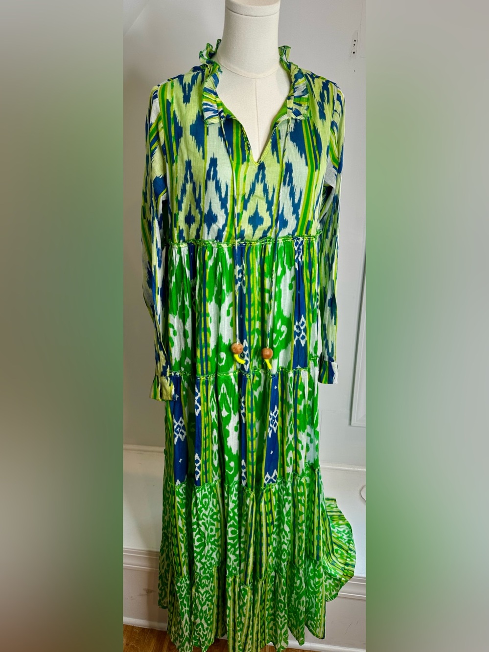 Bianca Paris Ikat Tiered Maxi Dress TU Green Blue Resort Boho
